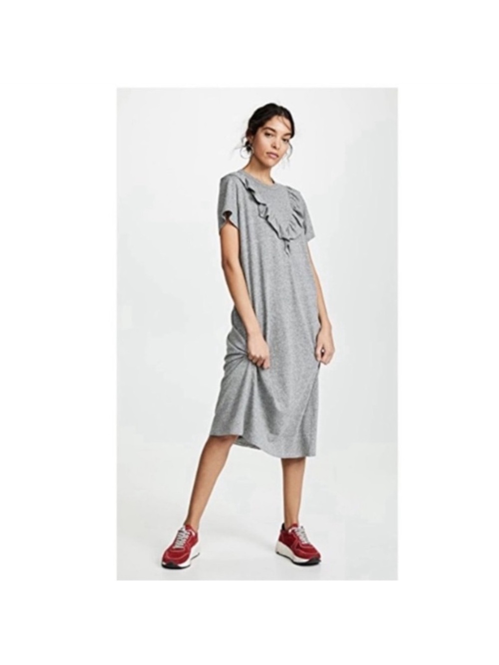 THE GREAT The Tuxedo T-Shirt Dress Heather Grey Ruffle Front Midi Size 2